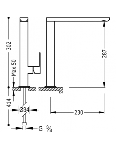 Monomando fregadero vertical LOFT caño de 34x15 mm. TRES